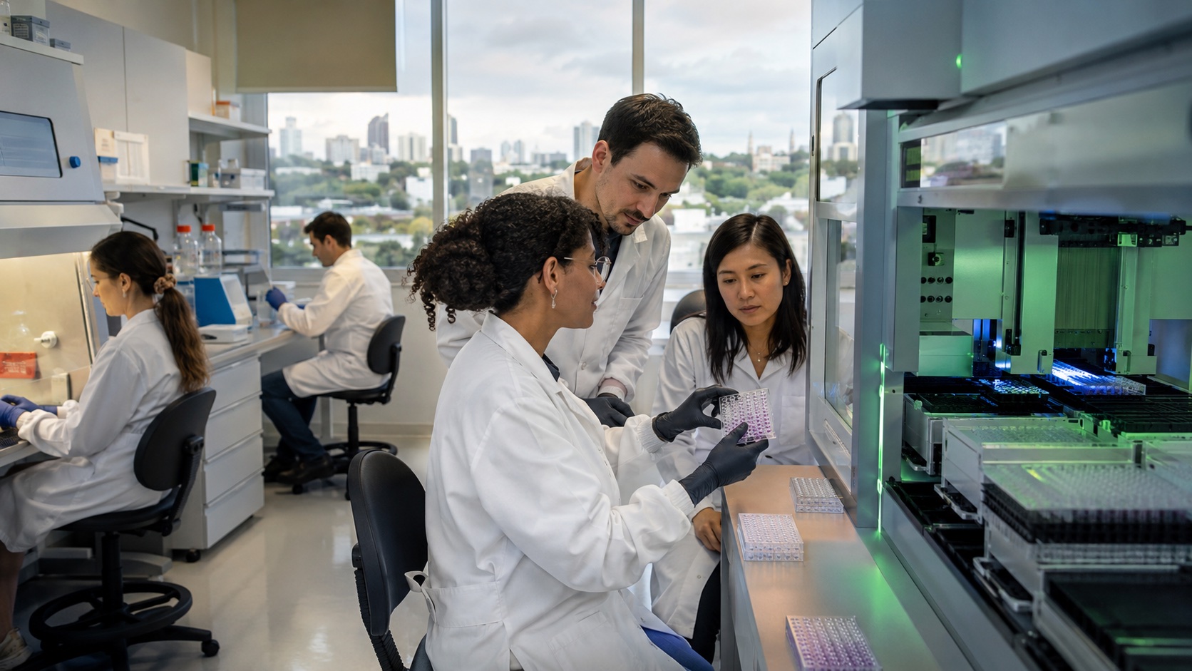 Research team reviewing a plate beside automated lab equipment