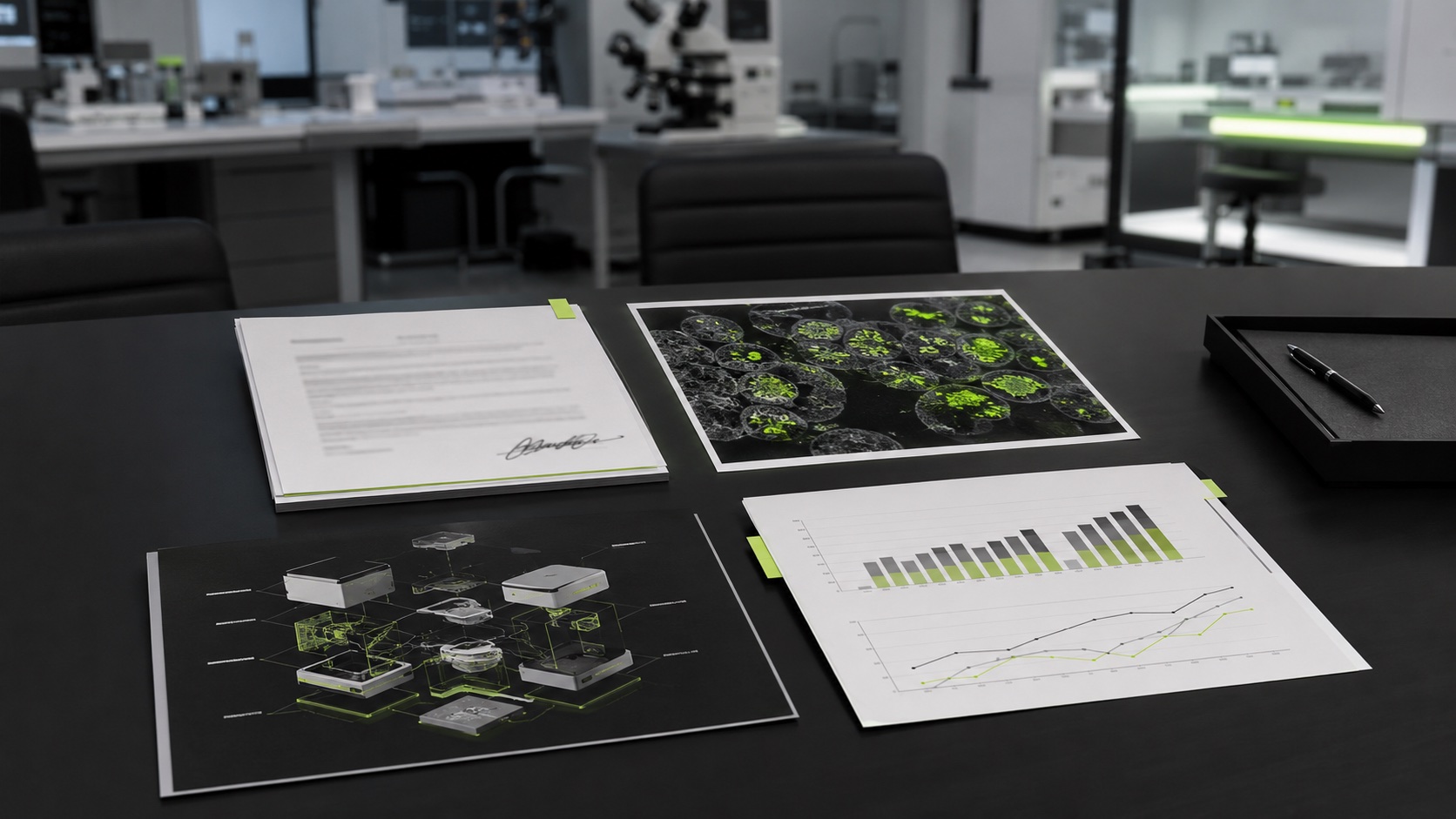 Diligence documents and charts on a conference table